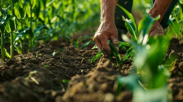 Farmer Weeding Cornfield on a Sunny Day in Rural Area