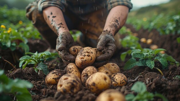 a farmer who is harvesting potatoes from fertile land