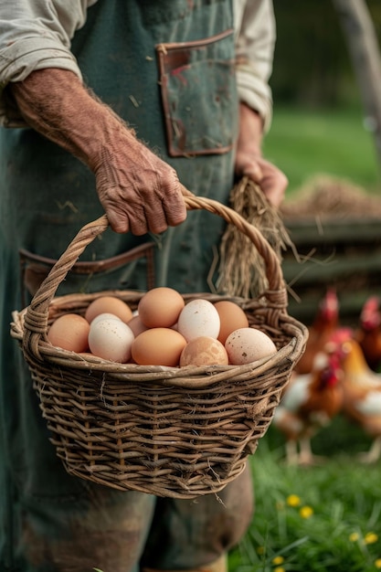 Photo farmer with a basket of eggs collected from a chicken coop