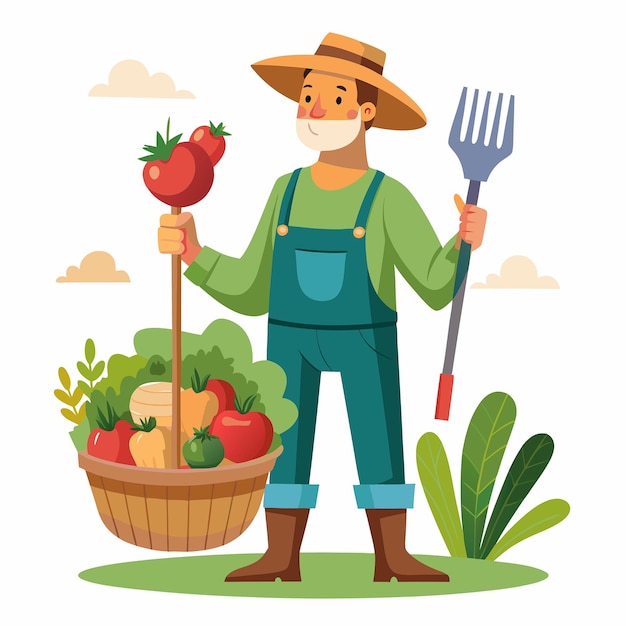 Photo farmer with basket vegetables and ground fork cartoon icon illustration