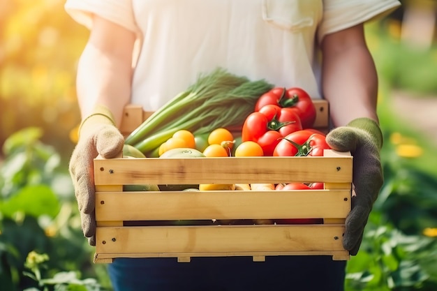 Farmer with box of fresh vegetables generative ai