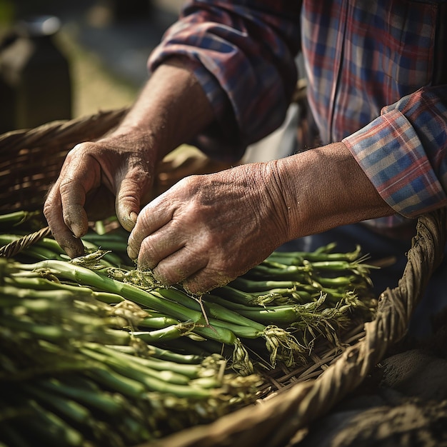 A farmer with bundles of freshly harvested asparagus