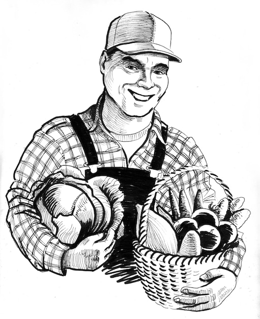 Farmer with a crop of vegetables. Ink black and white drawing