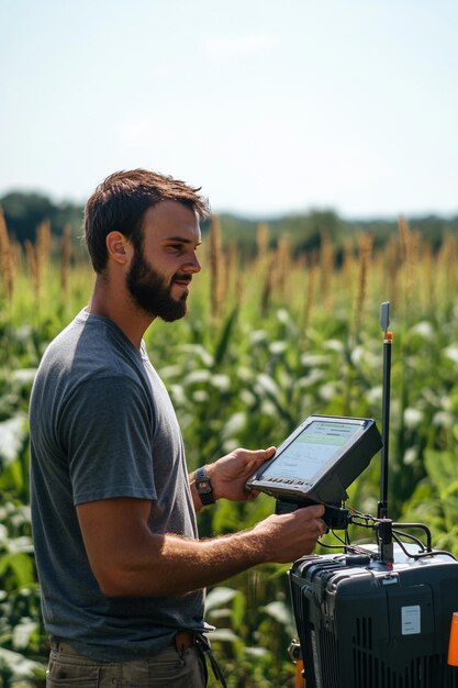 Photo farmer with digital tablet standing in a field side view the man is holding a computer tablet