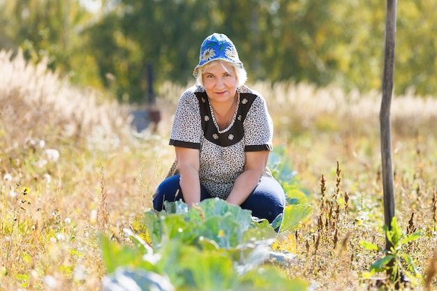 Farmer woman on a bed of cabbage