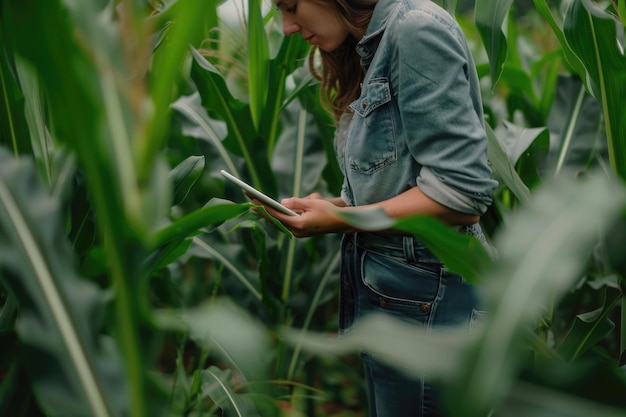 Farmer woman using tablet in corn field for modern farming