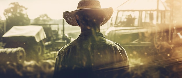 Farmer working on his farm double exposure photo illustration