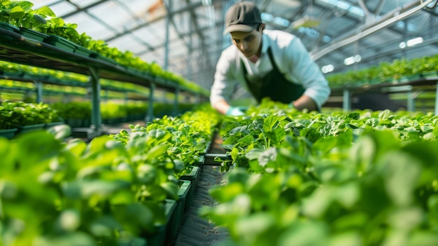 A farmer working in a hydroponic farm rows of green plants growing