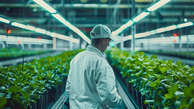 A farmer working in a hydroponic farm rows of green plants growing