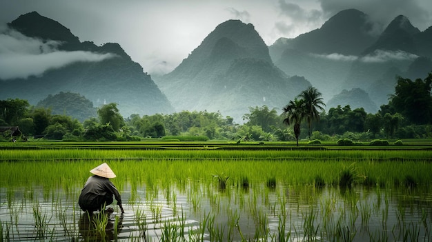 A farmer working in a rice paddy traditional conical hat and flooded