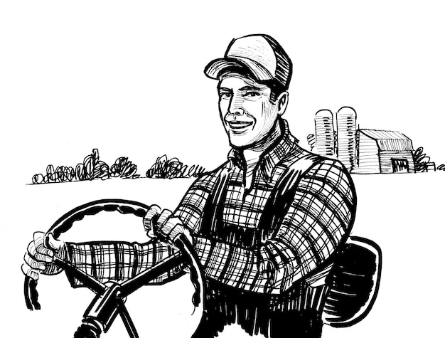 Farmer working on tractor. Ink black and white drawing