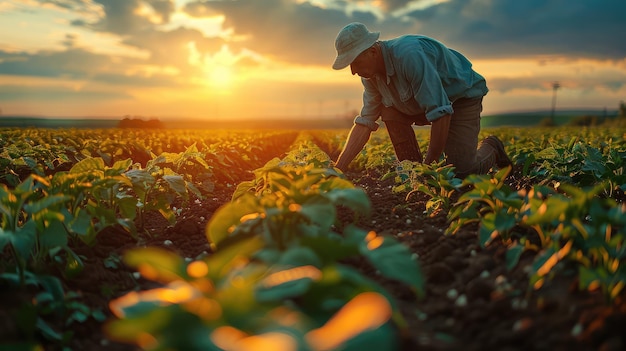 Farmer working in the vegetable garden at sunset