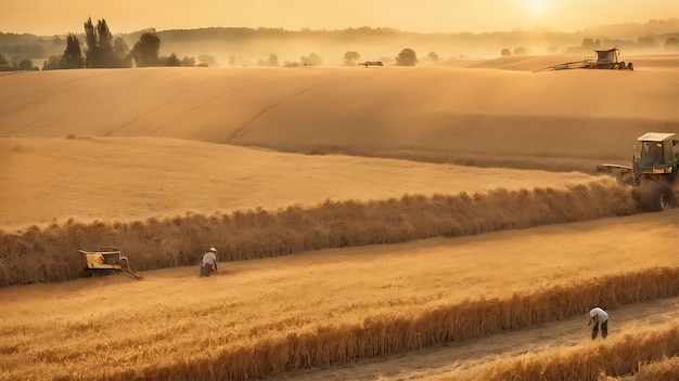 Photo a farmer works his fields in the early morning