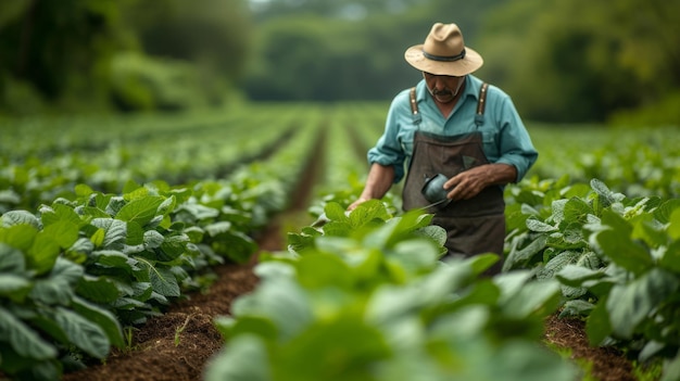 A farmers fertilizing or spraying pesticides on growing tobacco fields farmers planting