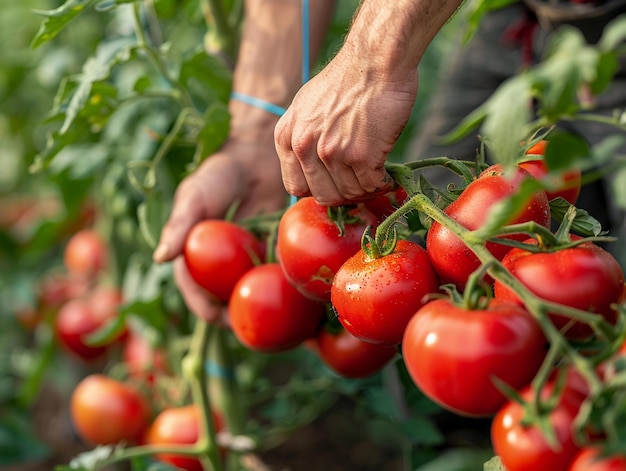 Photo farmers hand picking ripe tomatoes on a vine in a garden