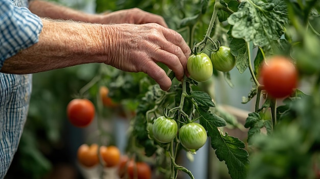 Photo farmers hands harvesting ripe tomatoes from the vine ai generated image