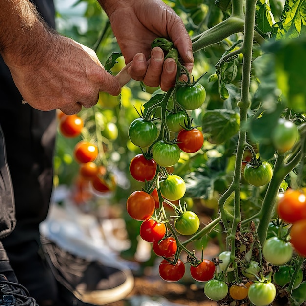 Photo farmers hands harvesting ripe tomatoes from the vine ai generated image