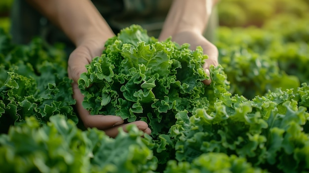 A farmers hands picking the vibrant green lettuces leaves against the backdrop of sunlit fields