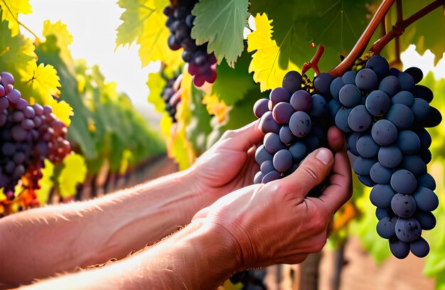 farmers hands pluck a bunch of grapes