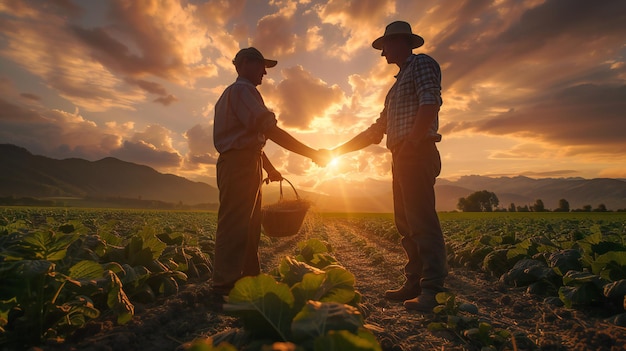 Farmers Handshaking Over Harvest in Golden Field Rural Sunset