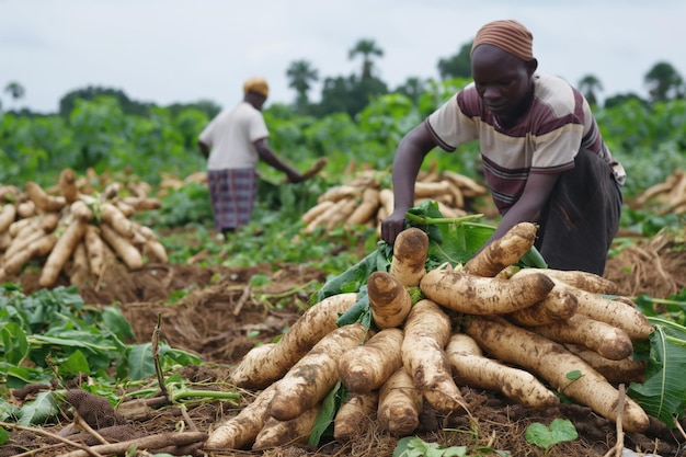 Farmers harvesting cassava roots in a sunny field showcasing teamwork and dedication The lush rural setting captures the essence of farming in nigeria