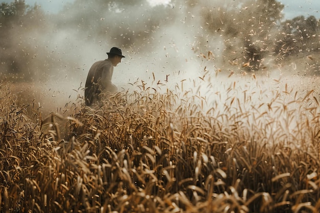 Farmers harvesting crops in golden fields AI generated image