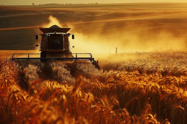 Farmers harvesting crops in golden fields AI generated image