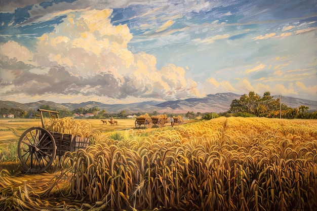 Farmers harvesting crops in golden fields AI generated image