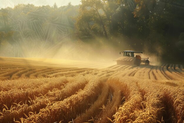 Farmers harvesting crops in golden fields AI generated image