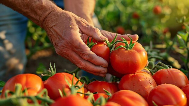 A farmers male hands picking tomato harvest Morning sunlight fresh and healthy vegetables Gener