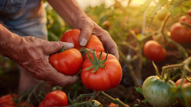 A farmers male hands picking tomato harvest Morning sunlight fresh and healthy vegetables