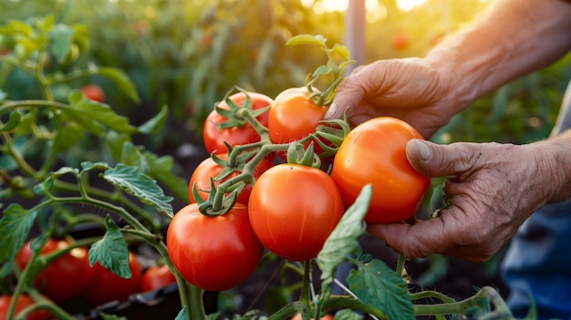 A farmers male hands picking tomato harvest Morning sunlight fresh and healthy vegetables