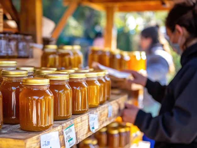 Photo farmers market honey jars display with customer in background