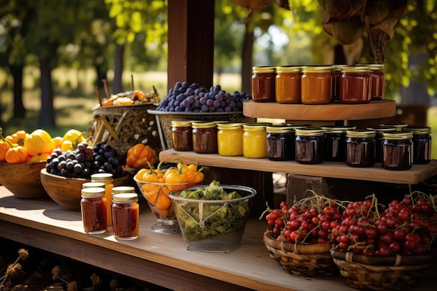 Farmers Market Stand With Variety Of Colorful Fruits Vegetables And Homemade Preserves Generative AI