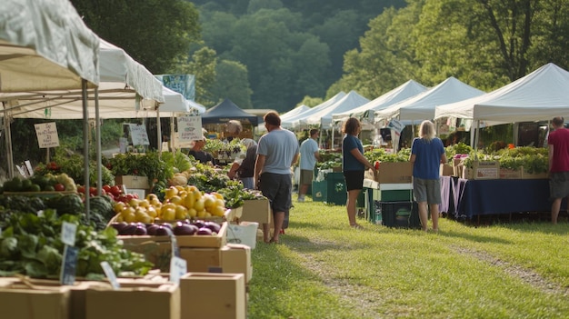 Photo farmers market under tents with produce and people