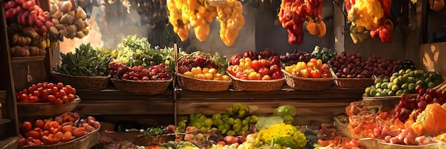 Photo farmers market with fresh produce and colorful stalls