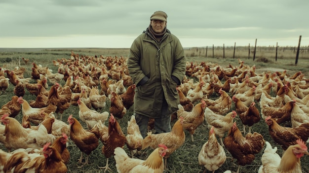 Farmers stand amidst a bustling field filled with contented chickens embodying dedication to agriculture and animal husbandry