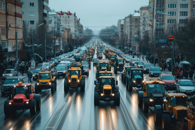 Farmers strike on tractors Protest of tractor drivers on the streets of a European city Rally