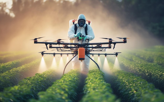 Farmers use drones to administer medicine to crops their farms Drone spraying water vegetable farm