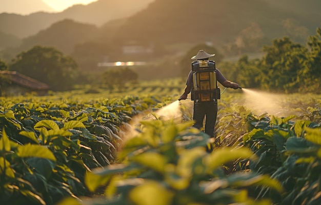 Farmers use a spraying engine on their back to apply a mixture of insecticide and water to tobacco trees