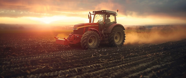 Farmers using tractors and a harvester in the field preparing for agriculture production