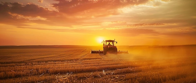 Farmers using tractors and a harvester in the field preparing for agriculture production