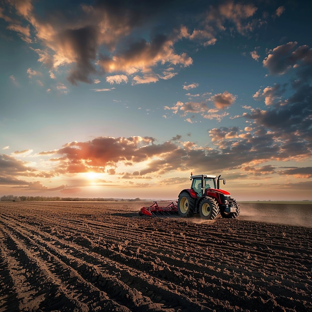 Farmers using tractors and a harvester in the field preparing for agriculture production