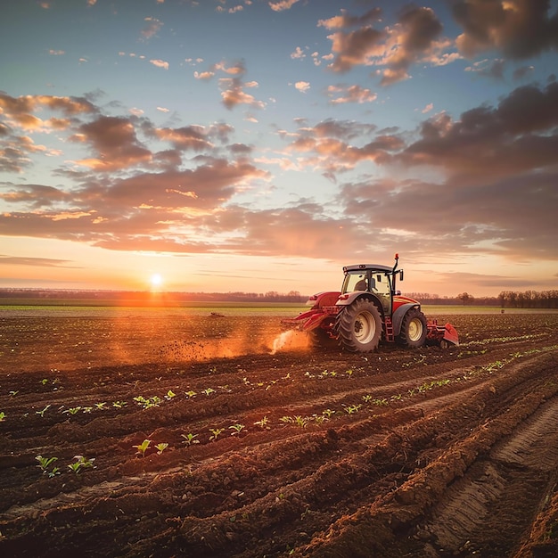 Farmers using tractors and a harvester in the field preparing for agriculture production