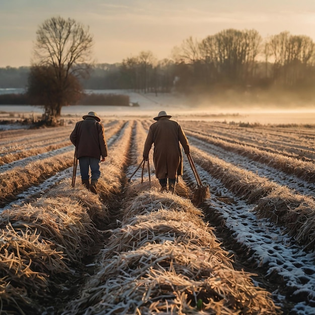 Photo farmers walking in the fields using sticks morning winter