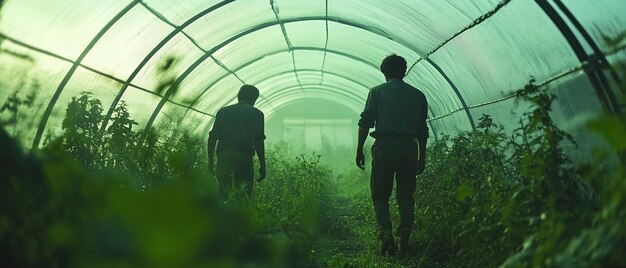 Photo farmers working in a greenhouse sustainable agriculture in action