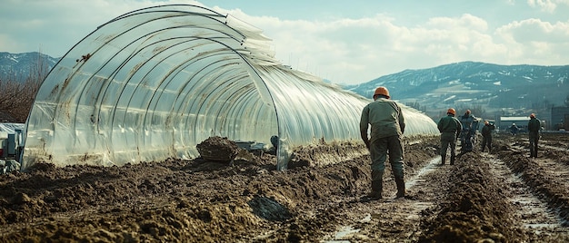 Photo farmers working in a greenhouse sustainable agriculture in action