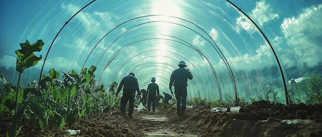 Photo farmers working in a greenhouse sustainable agriculture in action