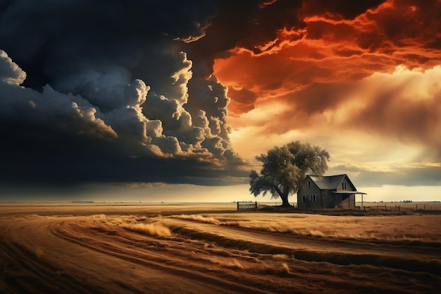 Farmhouse Amidst Approaching Storm Captured Photograph Generative AI