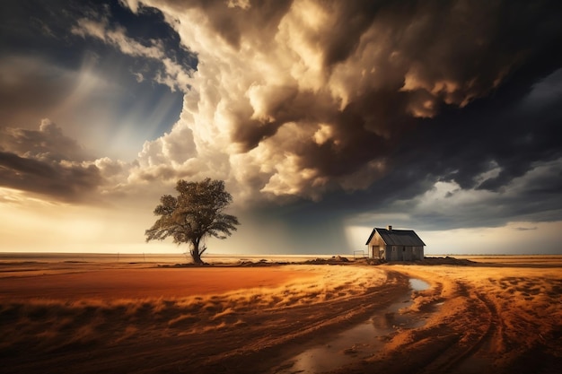 Farmhouse Amidst Approaching Storm Captured Photograph Generative AI